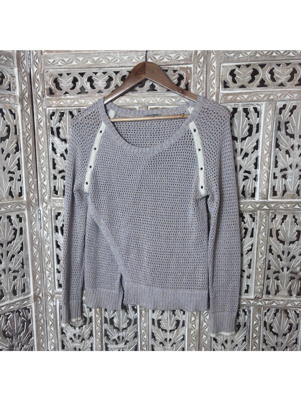 Lisa Todd Crew Neck Preppy Travel Open Knit Shoulder Button Cotton/Cashmere SZ S